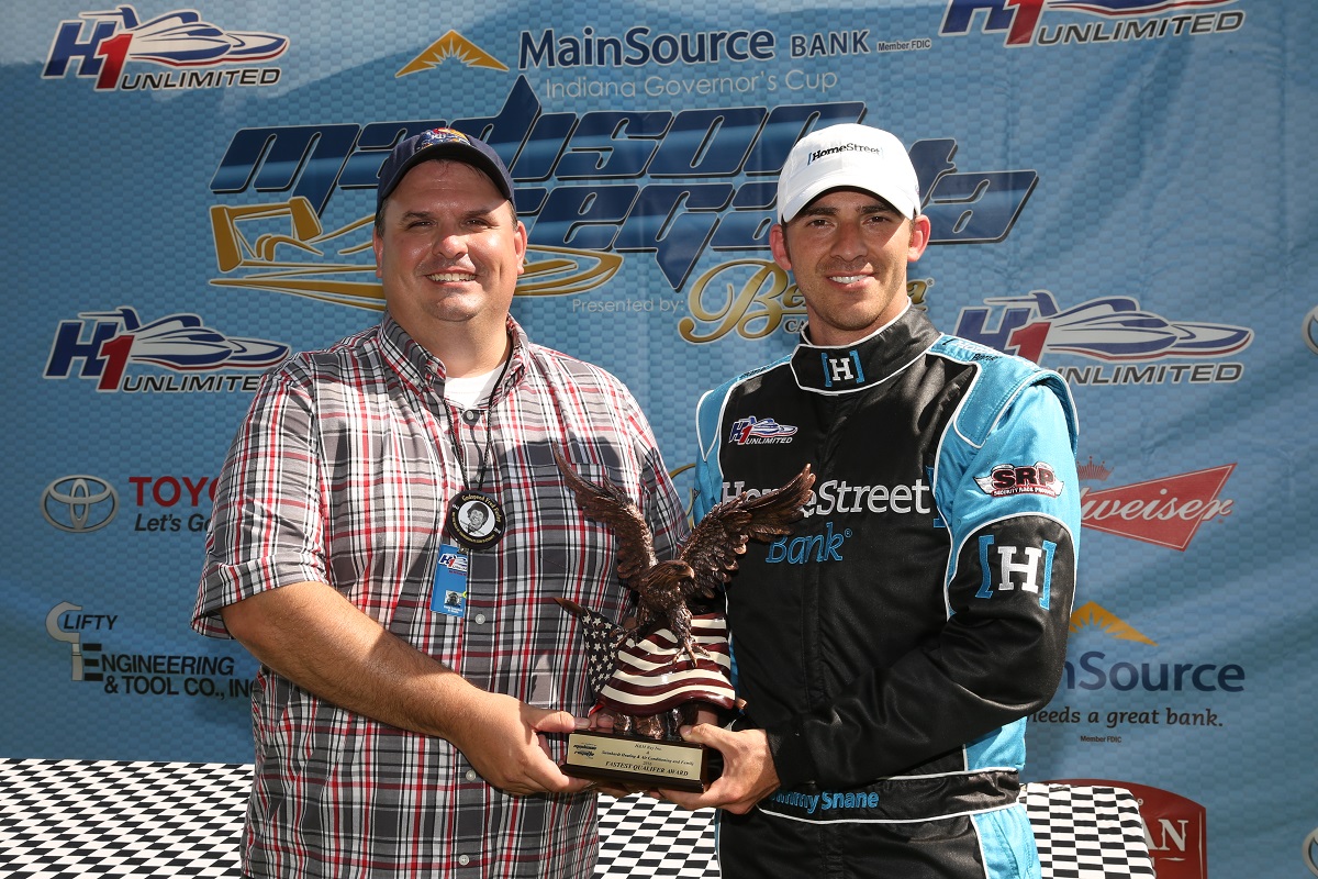 Jimmy Shane accepts the Fastest Qualifier Award from David Campbell of the Madison Courier