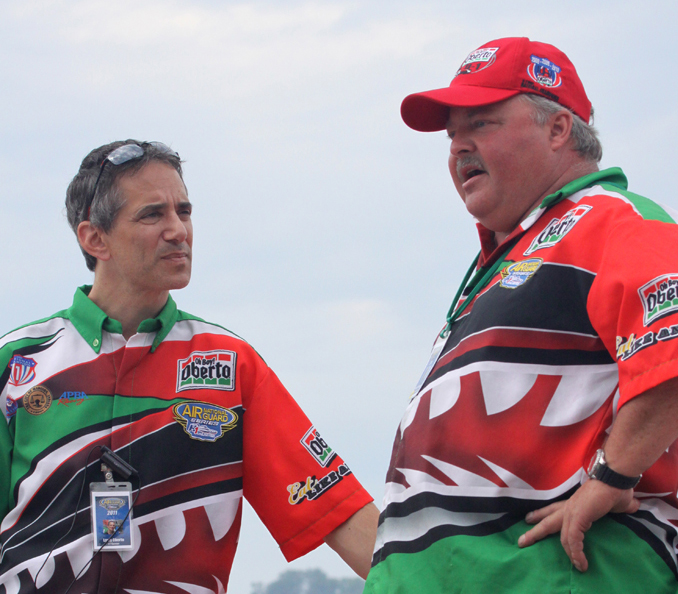 Larry Oberto (L) with Oberto crew chief Mike Hanson. 
Photo by Paul Kemiel