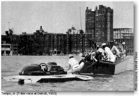 A broken oil line put Guy Lombardo's Tempo, Jr. out of the running in the Seven Litre Race. Driver Danny Foster accepts a tow.A broken oil line put Guy Lombardo's Tempo, Jr. out of the running in the Seven Litre Race. Driver Danny Foster accepts a tow.