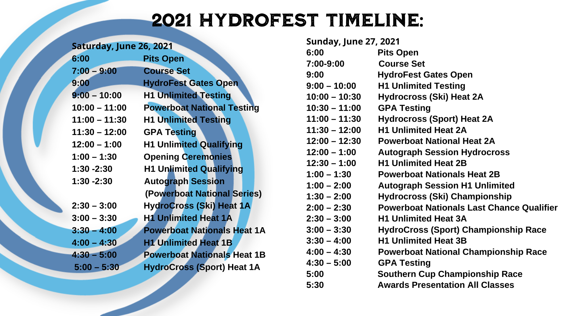 2021 Hydrofest Timeline